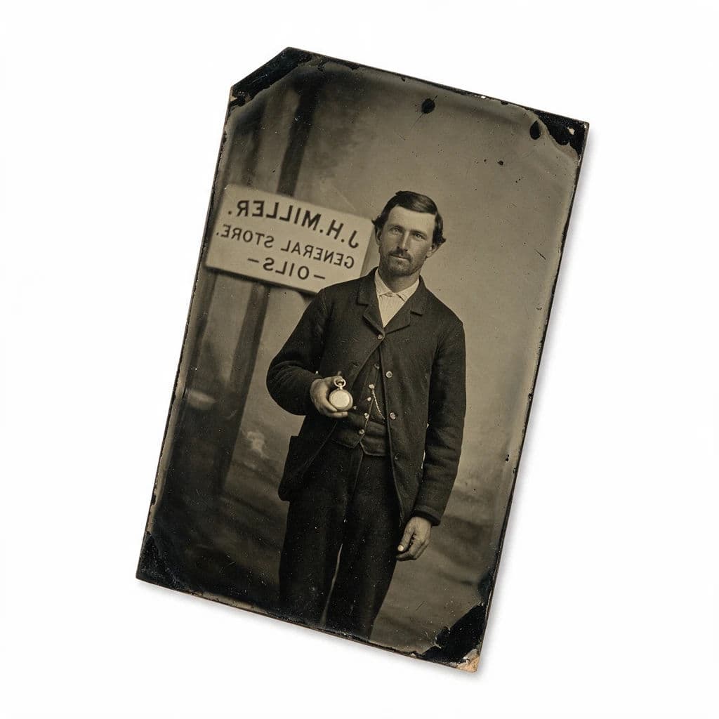 Tintype portrait on blackened metal with the image laterally reversed, generated with Seedream 5.0 Pro