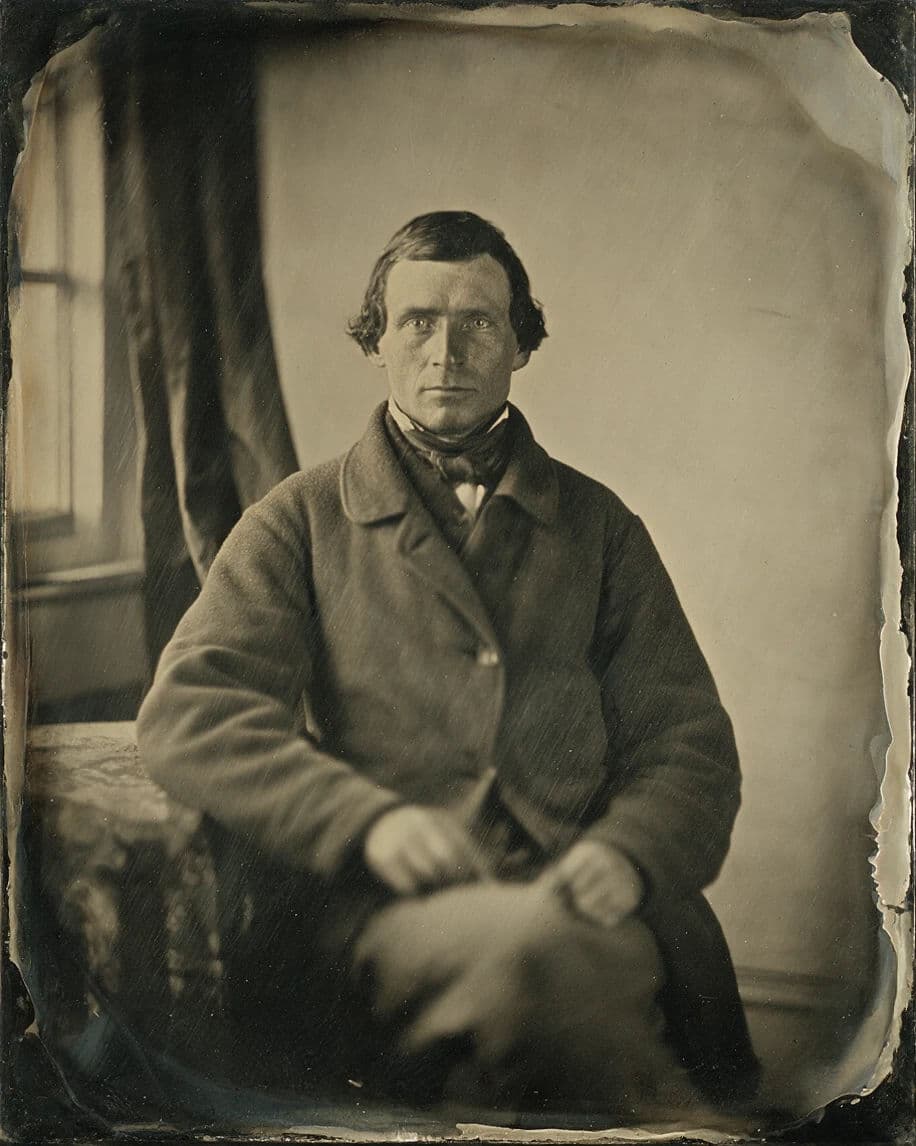 Wet plate collodion portrait with pour marks and edge defects across the plate, generated with Seedream 5.0 Pro