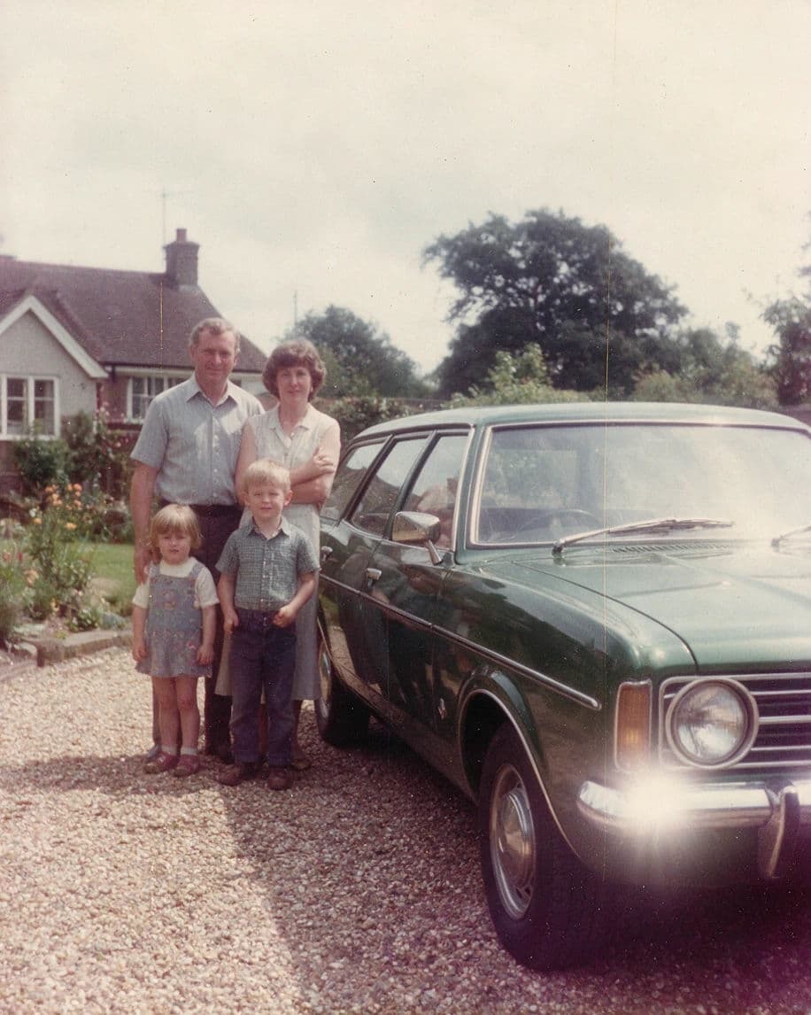 Vintage colour photograph of a family by an estate car on warm shifted expired film, generated with Seedream 5.0 Pro