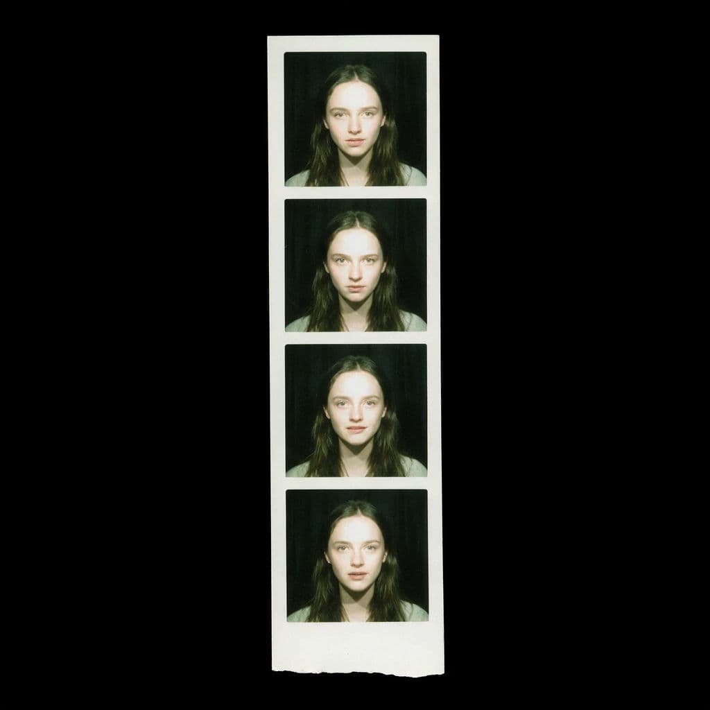 Vintage photo booth strip of four frames with harsh flash and a black background, generated with Seedream 5.0 Pro