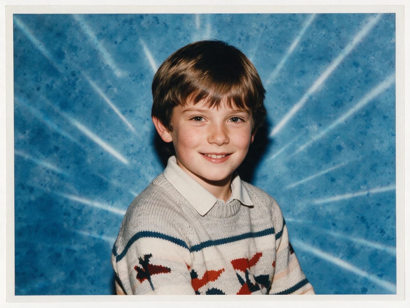Vintage school portrait against a mottled blue backdrop with a bright laser pattern, generated with Seedream 5.0 Pro