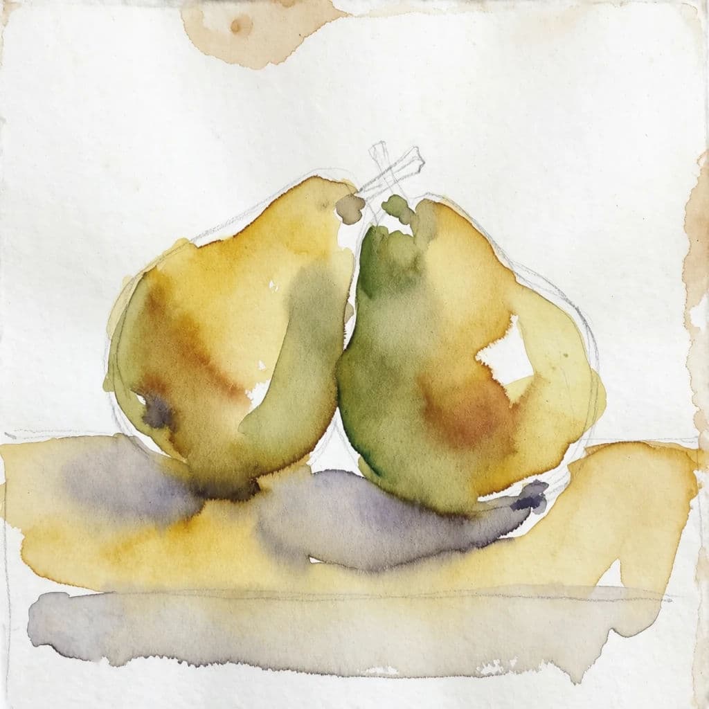 Simple watercolour still life of two pears where the lit side is unpainted paper, generated with Krea 2 Medium