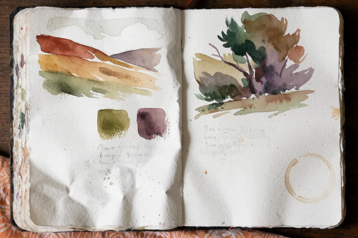 Open watercolour sketchbook spread with two small studies and handwritten notes between them, generated with Krea 2 Medium