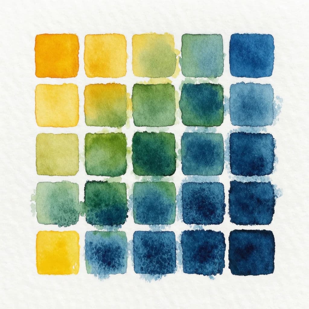 Watercolour mixing grid showing two pigments crossed at increasing proportions, generated with Krea 2 Medium