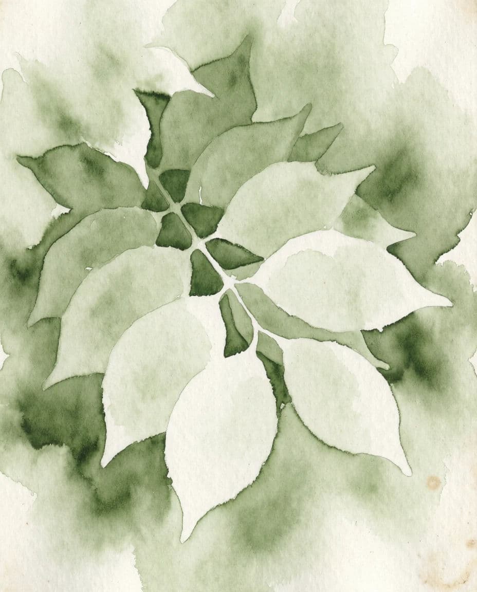 Watercolour of pale leaves created by painting the dark background around their shapes, generated with Krea 2 Medium