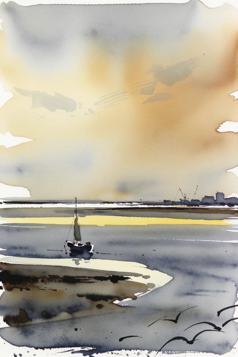 Loose watercolour landscape with a wet in wet sky bleeding softly above a hard edged shoreline, generated with Krea 2 Medium