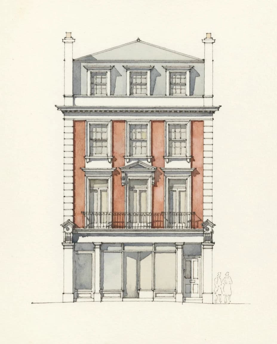 Architectural elevation drawing rendered with flat watercolour washes over ruled ink lines, generated with Krea 2 Medium