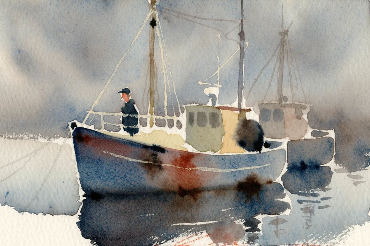 Watercolour harbour scene with fine white rigging lines revealed after masking, generated with Krea 2 Medium