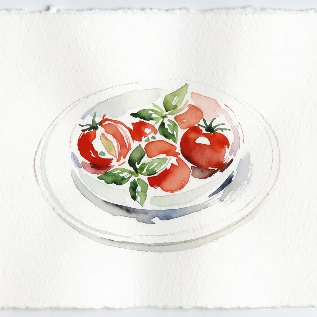 Watercolour food illustration of one plated dish floating on bare paper, generated with Krea 2 Medium