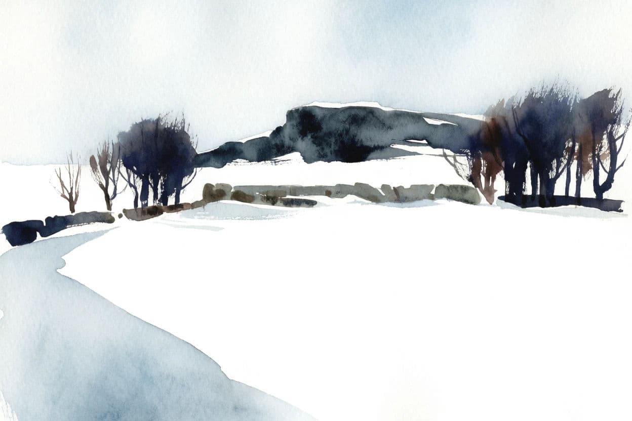 Watercolour winter landscape where the snow is entirely unpainted paper, generated with Krea 2 Medium