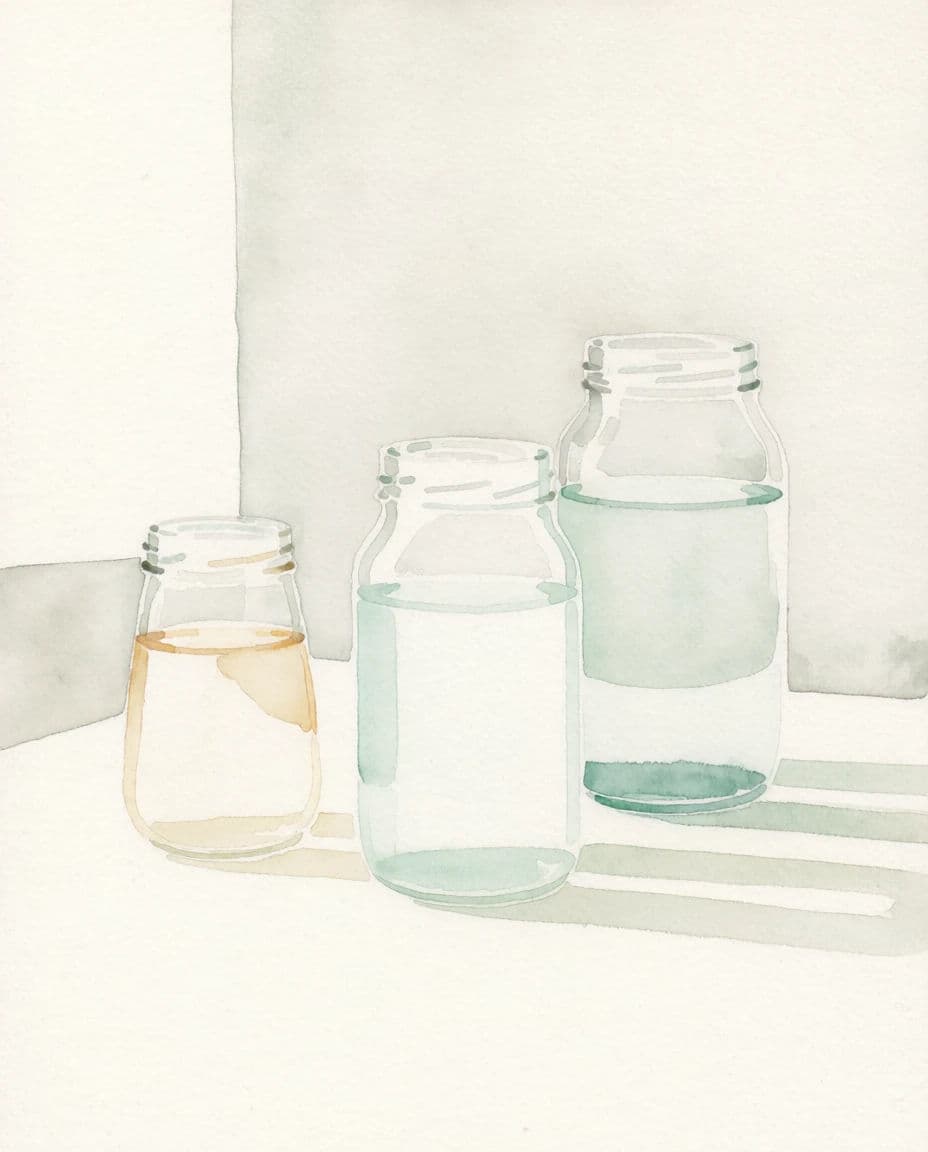 Watercolour still life of glass jars where the transparency is made by leaving paper bare, generated with Krea 2 Medium