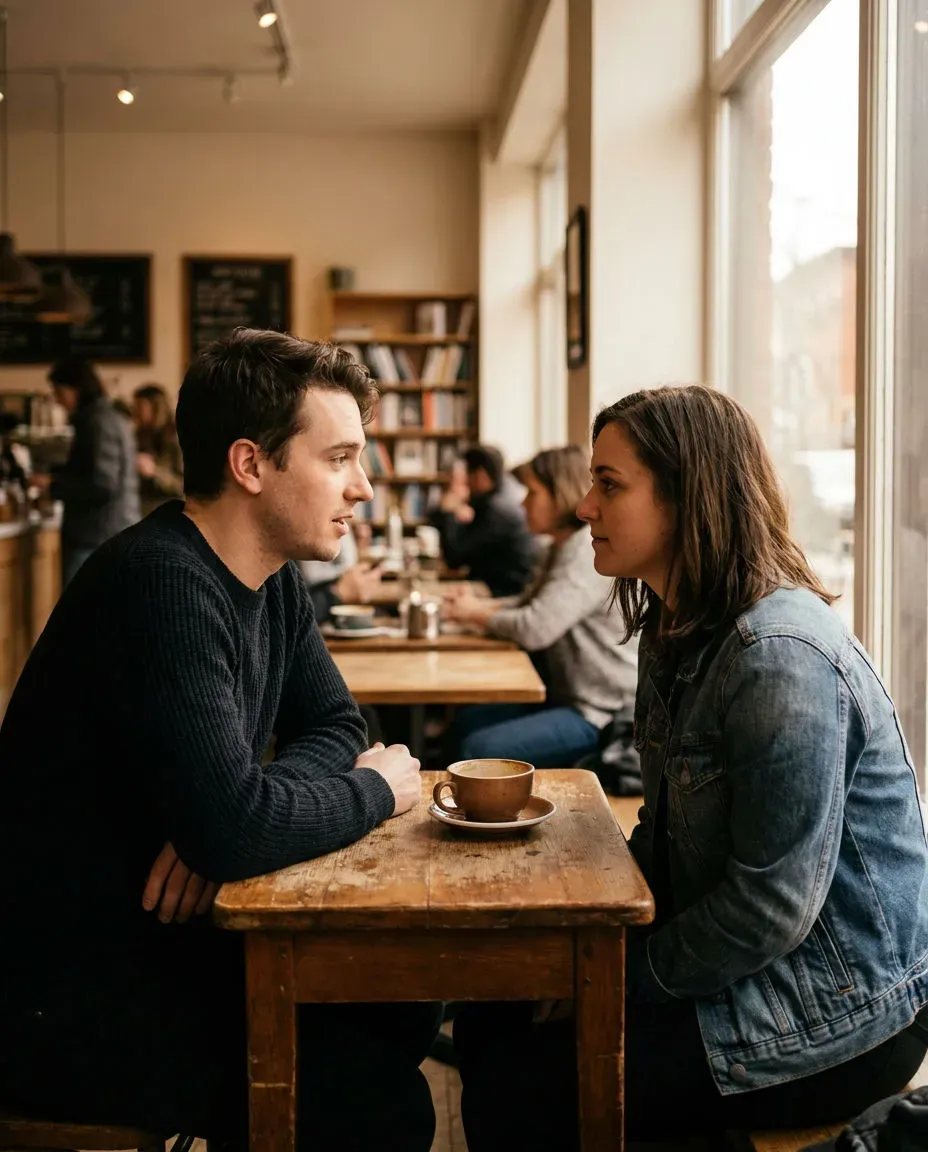 Vertical two-hander of two people talking across a small cafe table, generated with Morphic