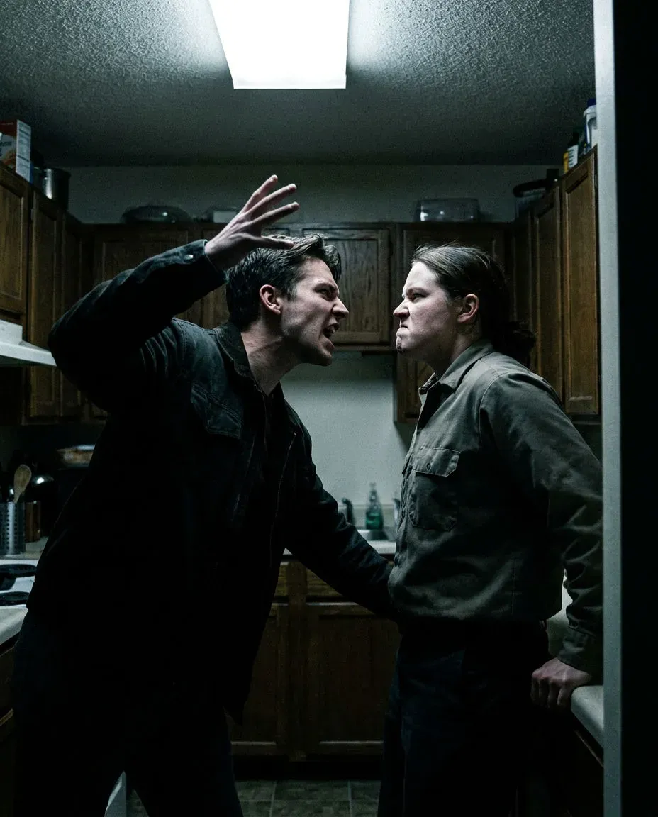 Vertical argument between two people in a kitchen at night, one raising their voice, generated with Morphic