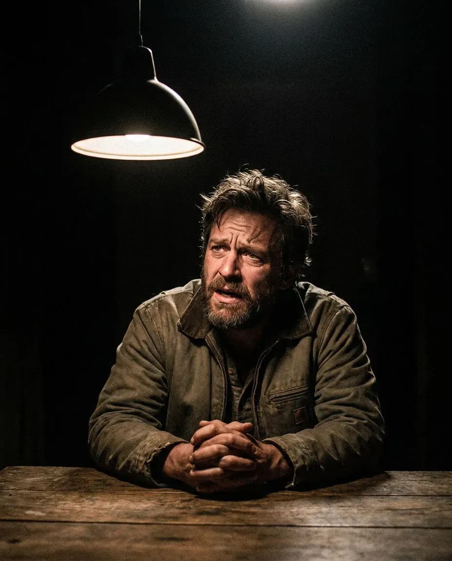 Vertical confession as a man sits alone under a single light admitting something to camera, generated with Morphic