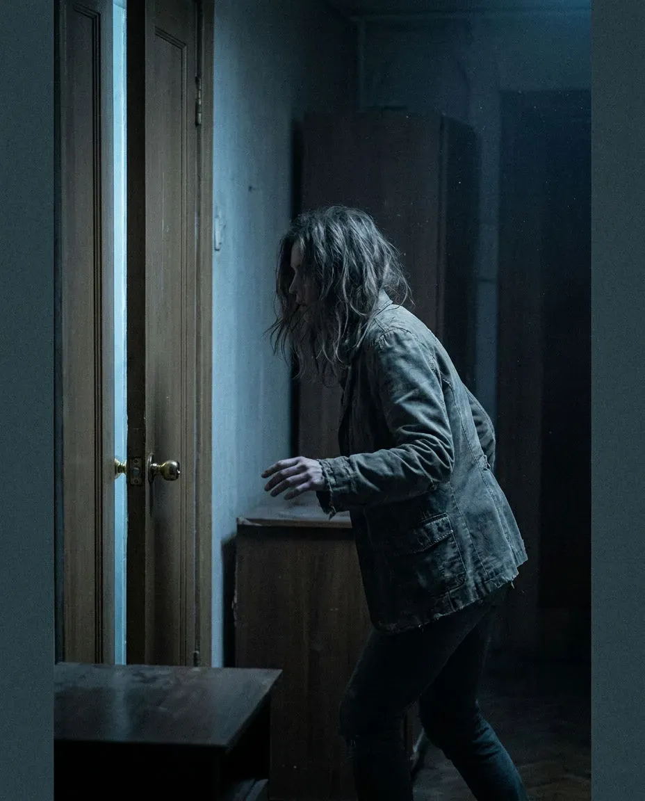 Vertical cliffhanger freeze of a woman turning toward a door handle just as it begins to move, generated with Morphic
