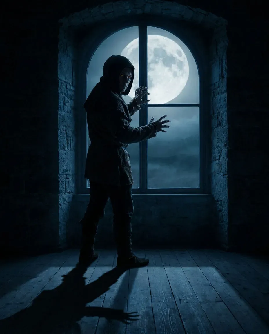 Vertical supernatural transformation beat of a figure at a window as their eyes shift under moonlight, generated with Morphic