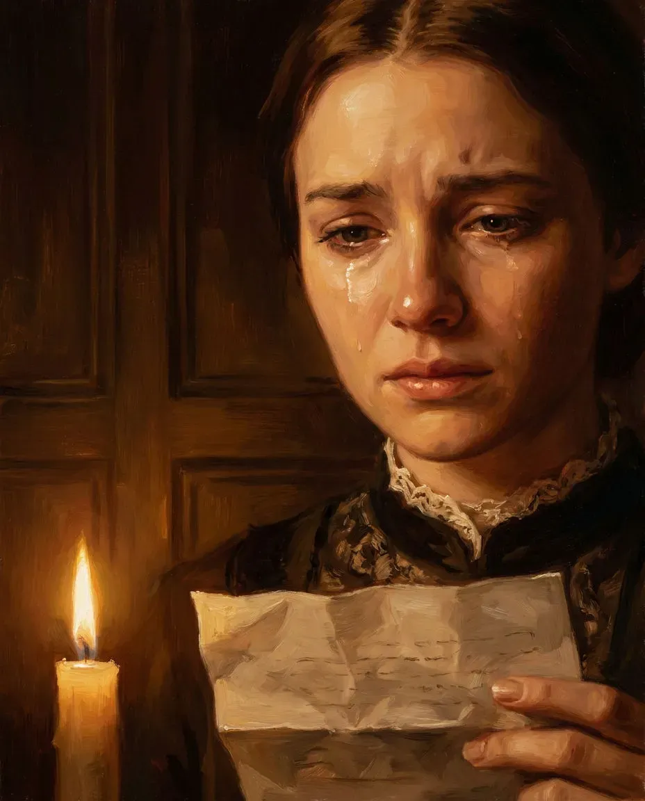 Vertical hook close-up of a young woman in period dress reacting to a letter by candlelight, generated with Morphic