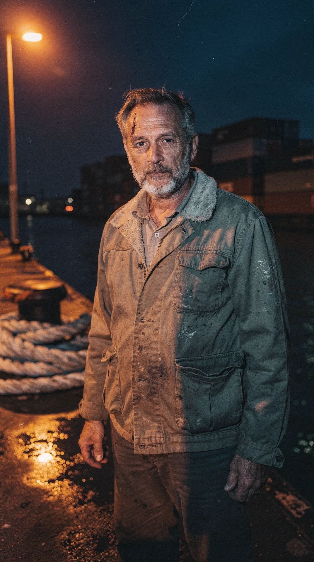 Dockworker portrait lit by a single sodium lamp, generated with Flux
