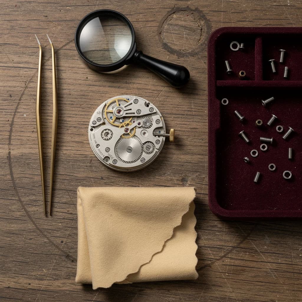 Overhead flat-lay of watch repair tools, generated with Flux