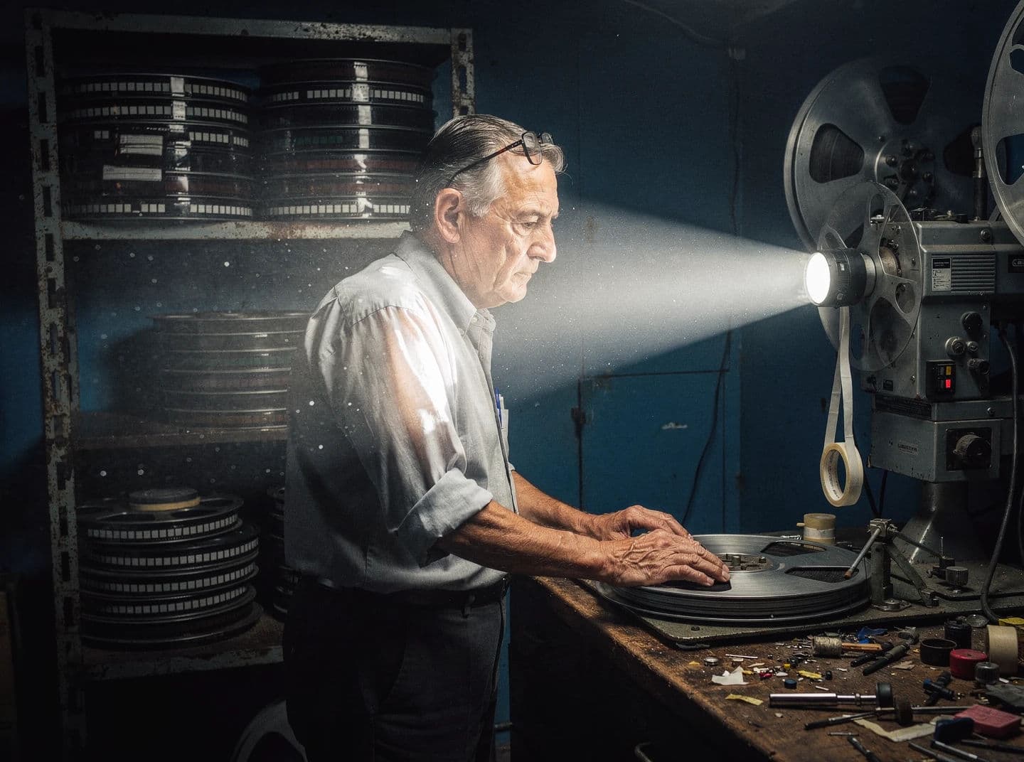 Projectionist lit by the beam of a film projector, generated with Flux