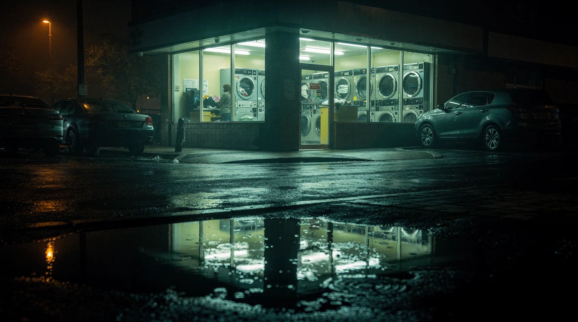 Laundromat at night with warm interior against blue street, generated with Flux