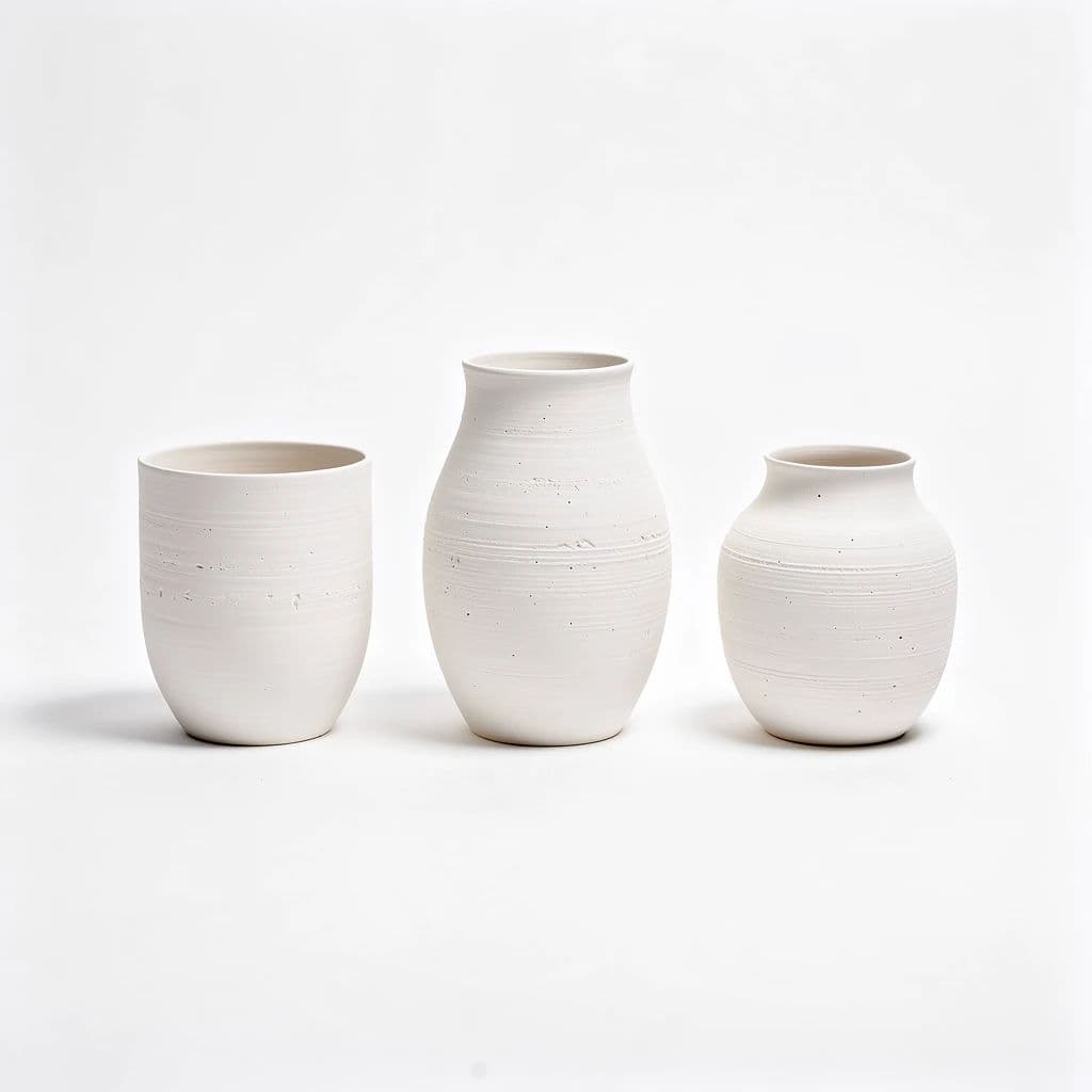 High-key ceramics on white with no visible shadow, generated with Flux