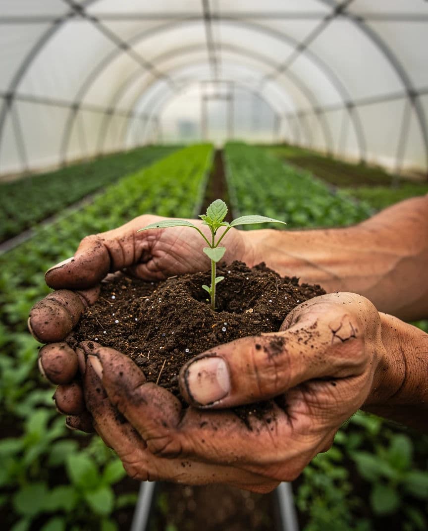 Wide-angle close view of hands holding a seedling, generated with Flux