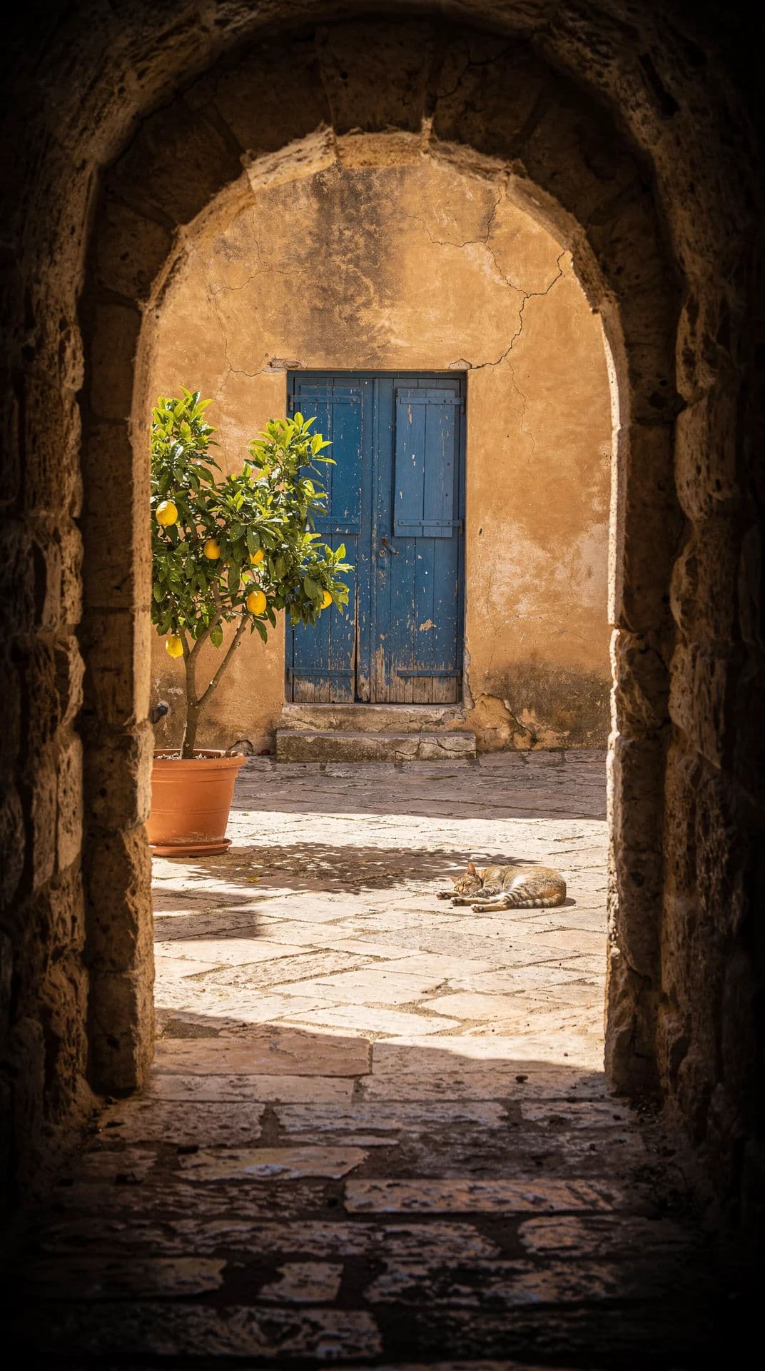 Courtyard seen through a stone archway, generated with Flux