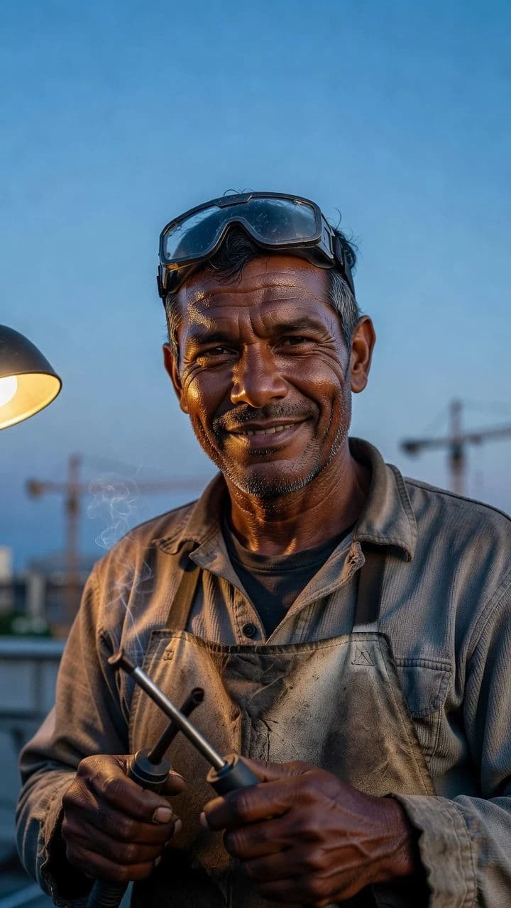 Dawn portrait of a rooftop welder generated with Grok Imagine
