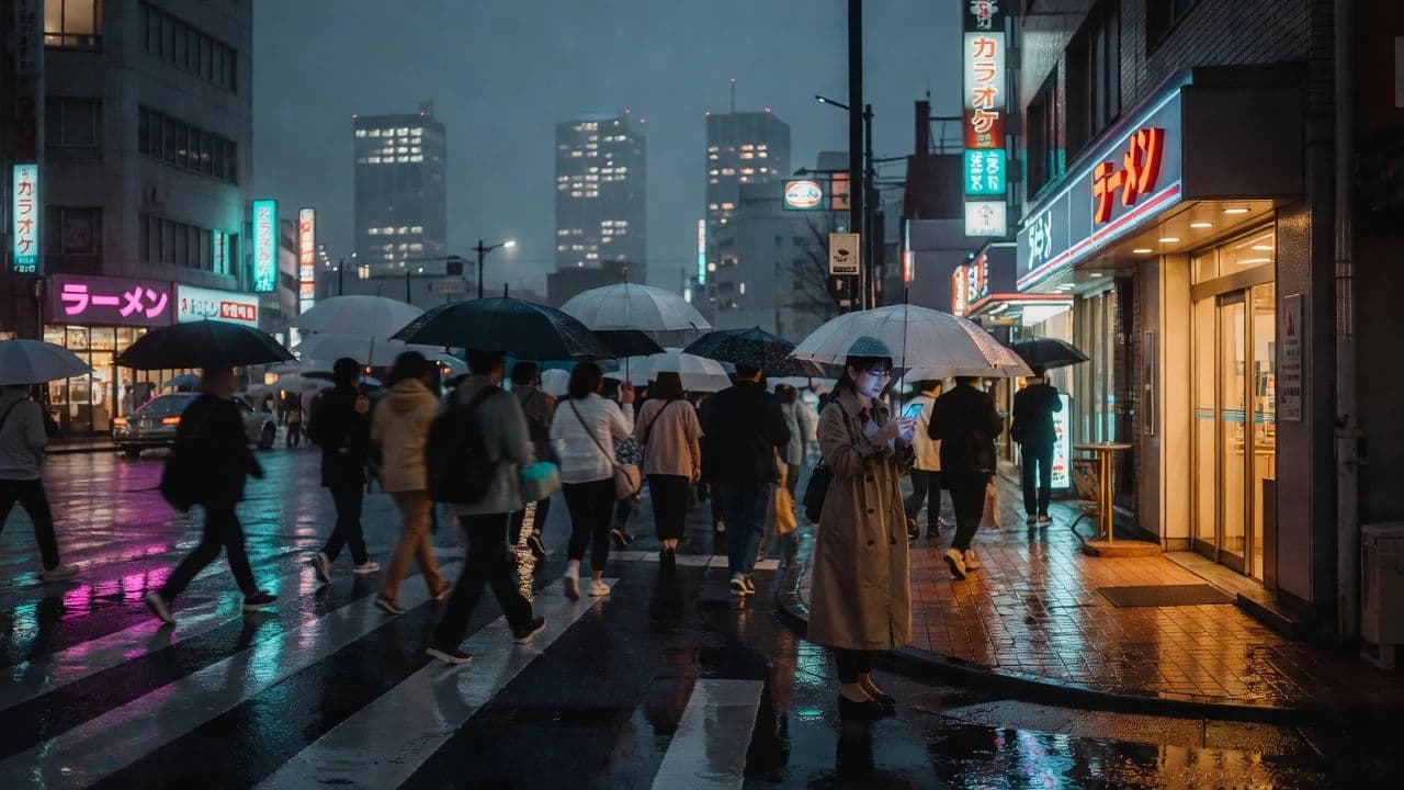 Rainy Tokyo pedestrian crossing at night generated with Grok Imagine