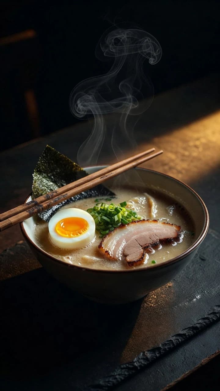 Moody overhead bowl of ramen generated with Grok Imagine