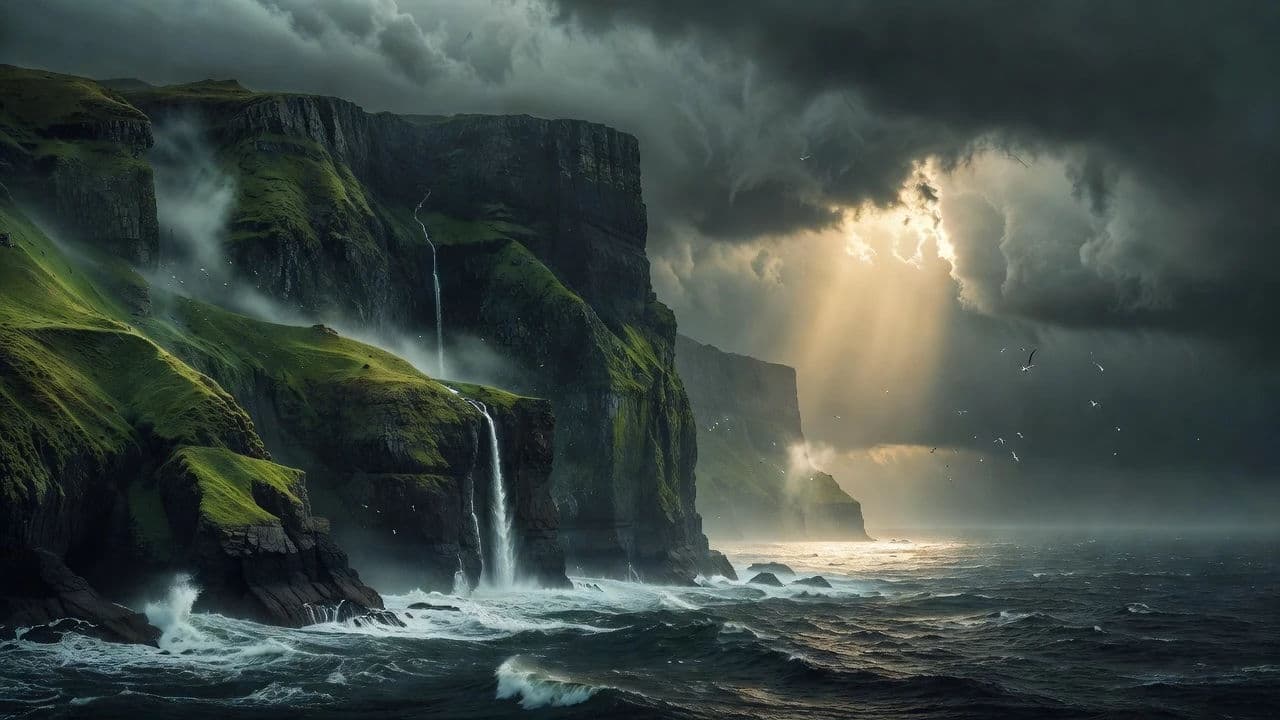 Storm light over sea cliffs generated with Grok Imagine