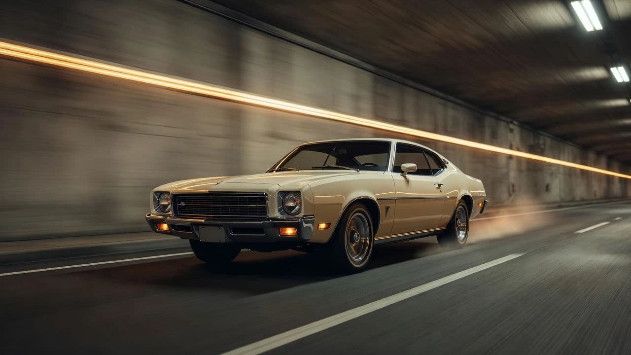Vintage coupe in a lit tunnel with motion generated with Grok Imagine