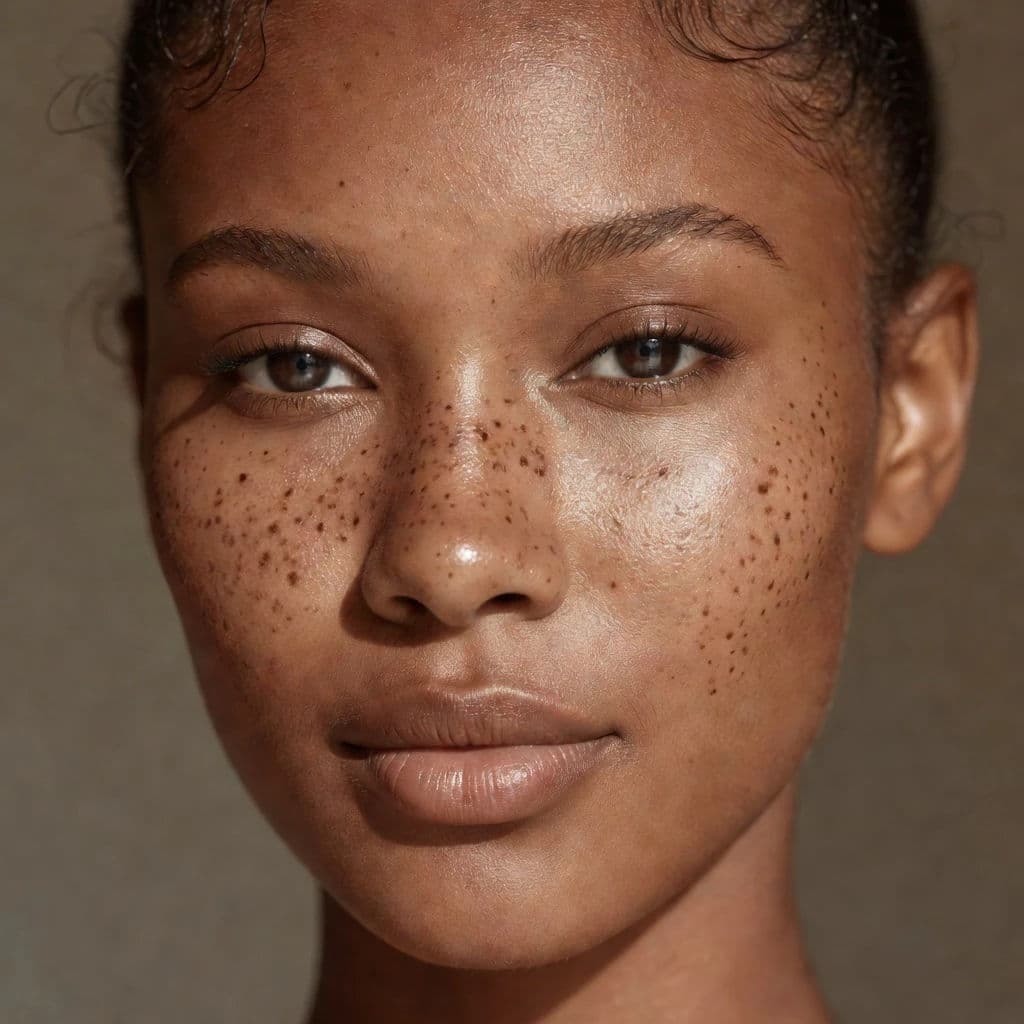 Soft-light beauty close-up with freckles generated with Grok Imagine