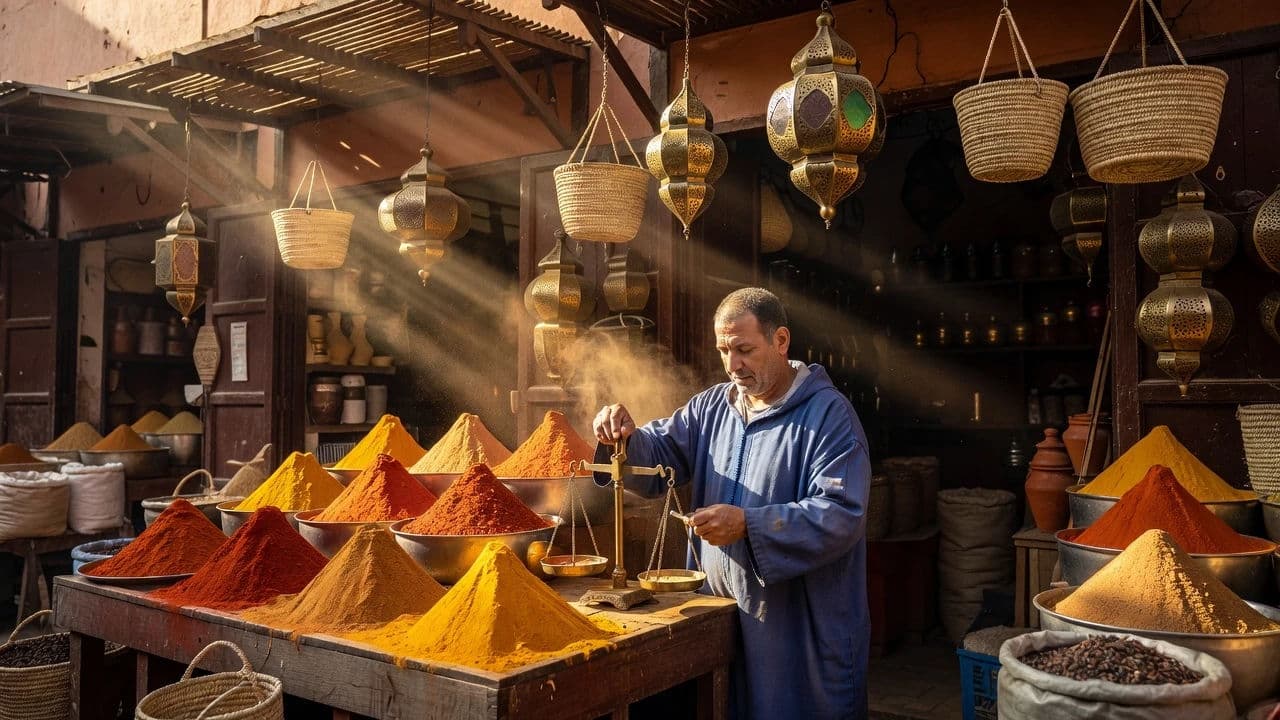 Marrakech spice souk in warm light generated with Grok Imagine