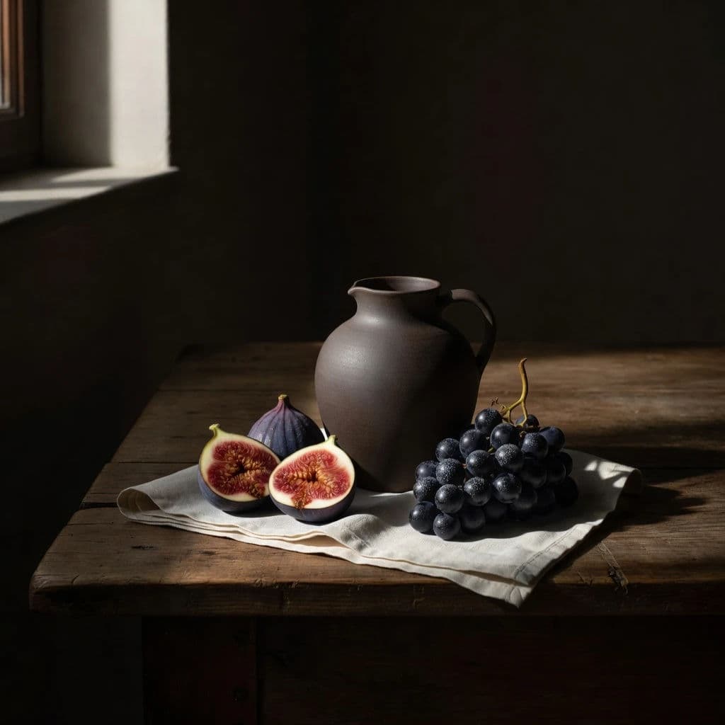 Chiaroscuro still life of ceramics and fruit generated with Grok Imagine