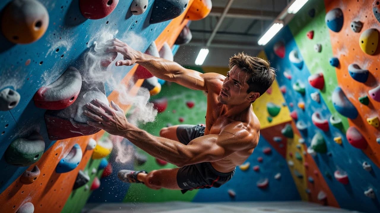 Indoor climber mid-move with chalk dust generated with Grok Imagine