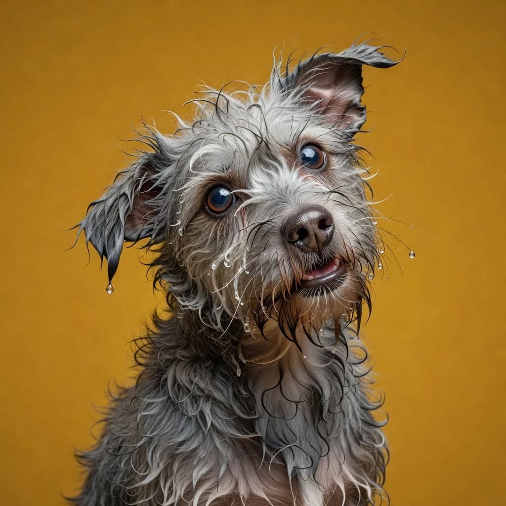 Studio portrait of a wet-coated dog generated with Grok Imagine