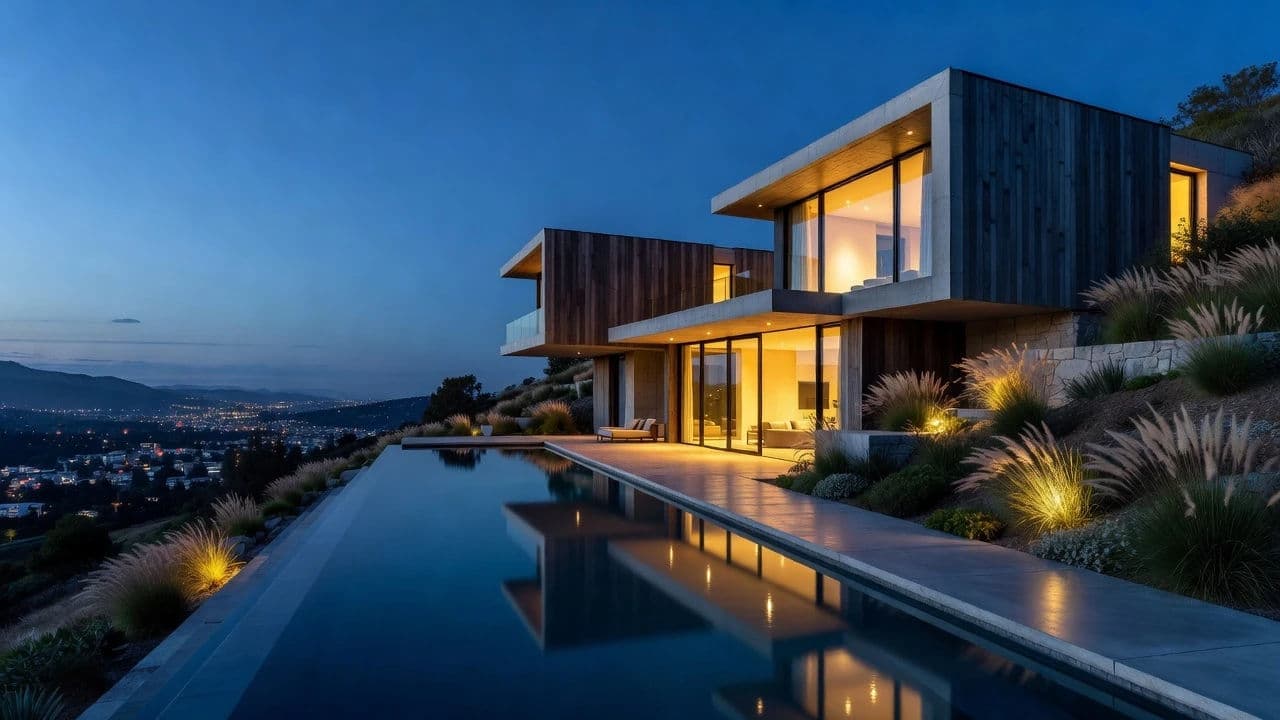 Modern hillside home exterior at dusk generated with Grok Imagine