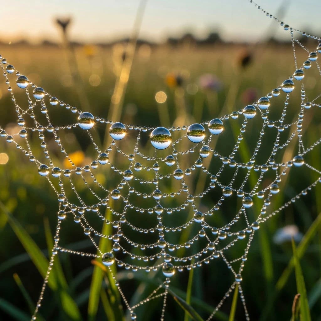 Macro of dew on a spiderweb at sunrise generated with Grok Imagine