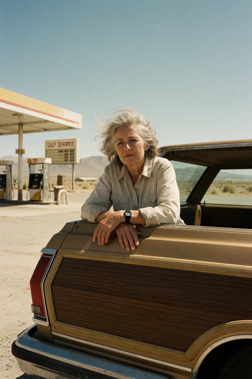 Kodachrome-style photograph of a woman beside a station wagon at a desert filling station, generated with Krea