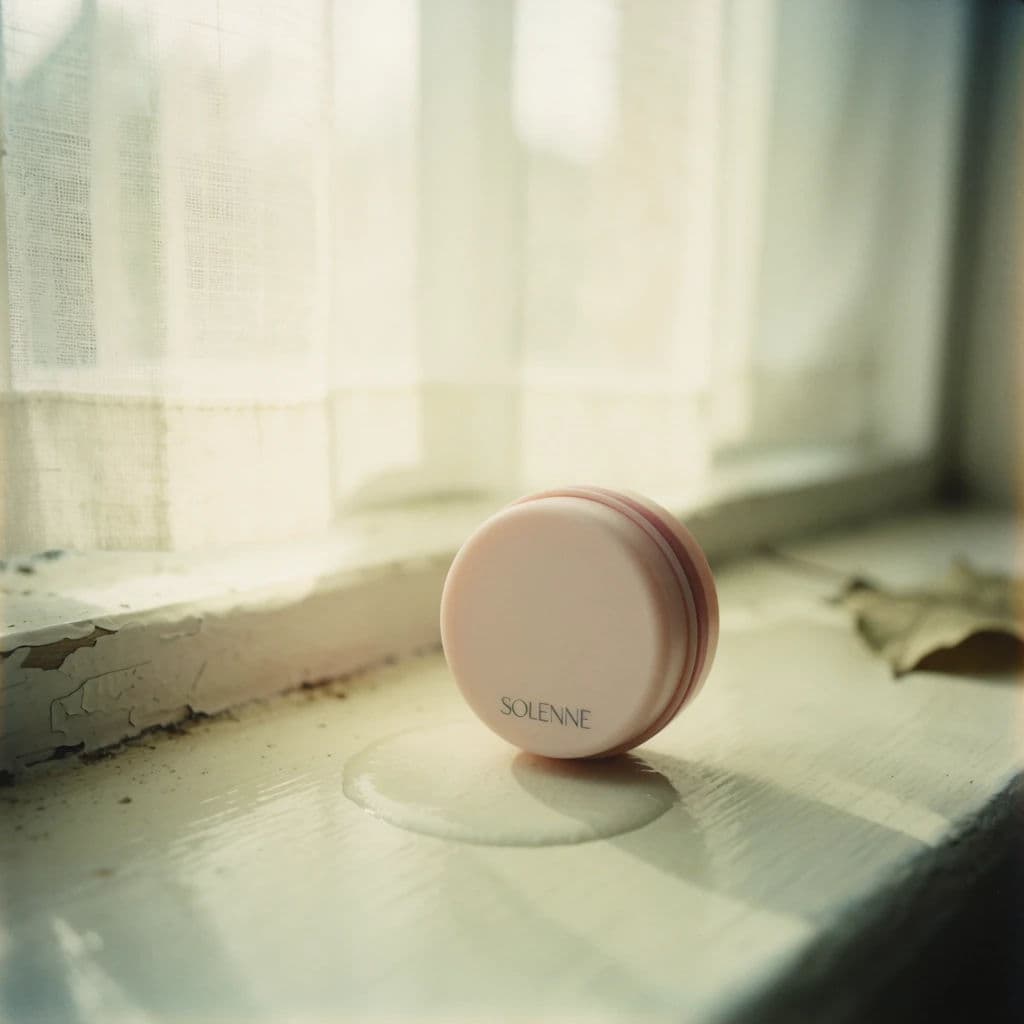 Instant film photograph of a fictional lip balm tin on a windowsill with soft chemical bloom, generated with Krea