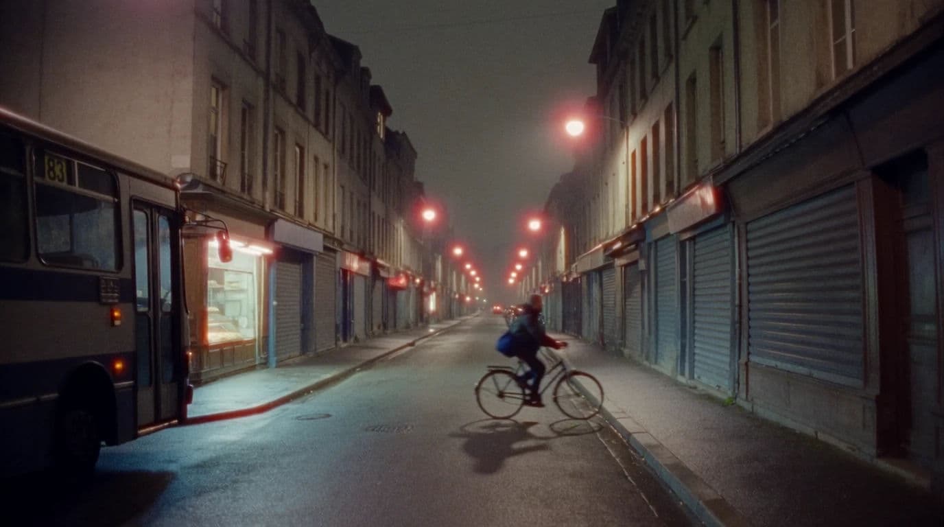 Night street photograph on tungsten film with red halation around the lights, generated with Krea