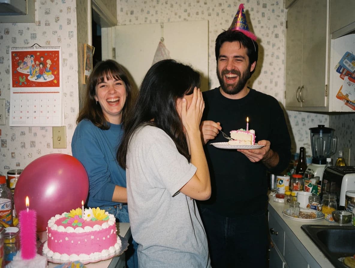 Direct-flash snapshot of a family kitchen party in the mid nineties, generated with Krea