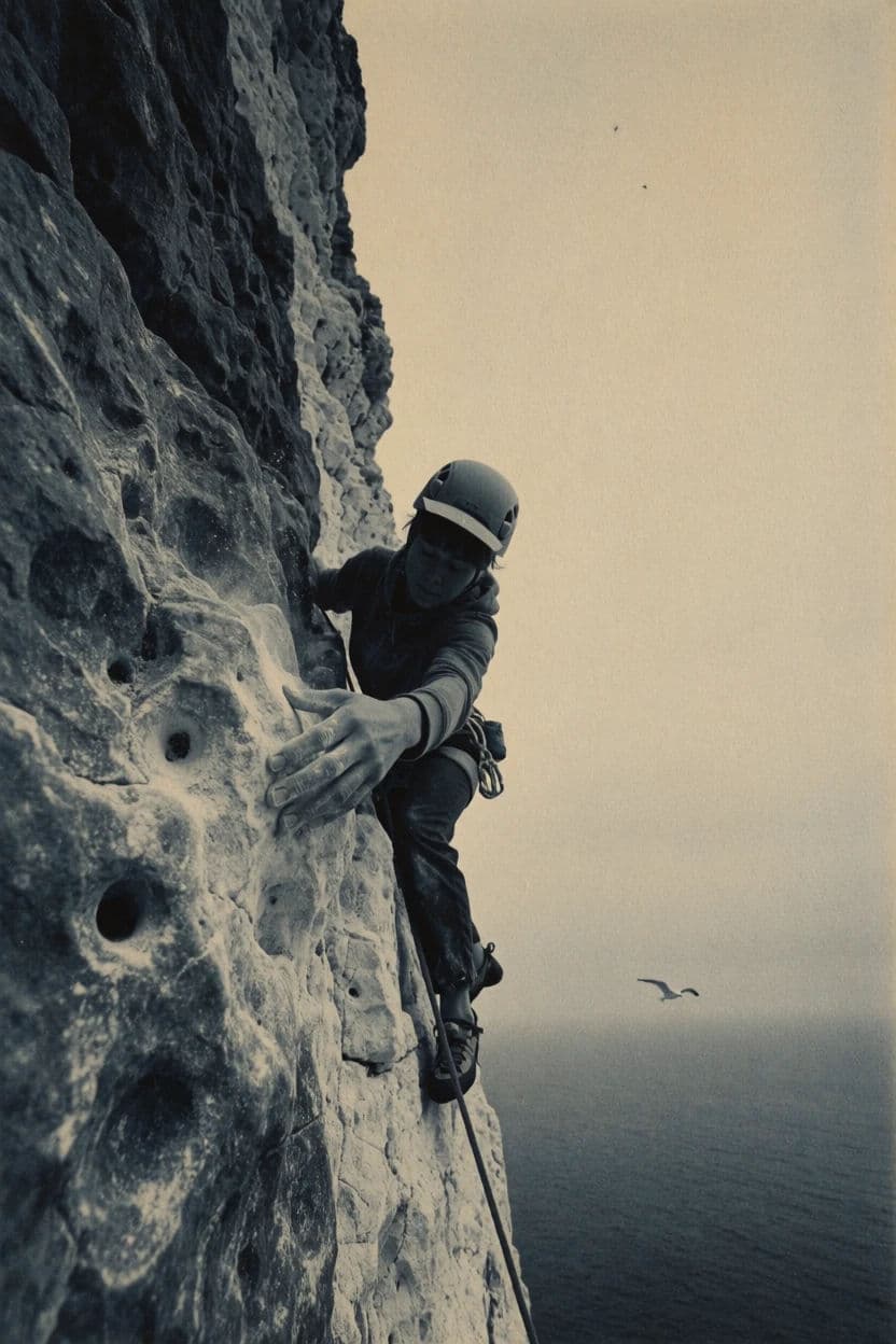 Split-toned print of a climber on a chalk cliff, cool shadows and warm highlights, generated with Krea