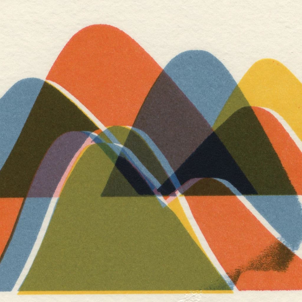 Screen printed poster of a mountain range with visible misregistration, generated with Krea