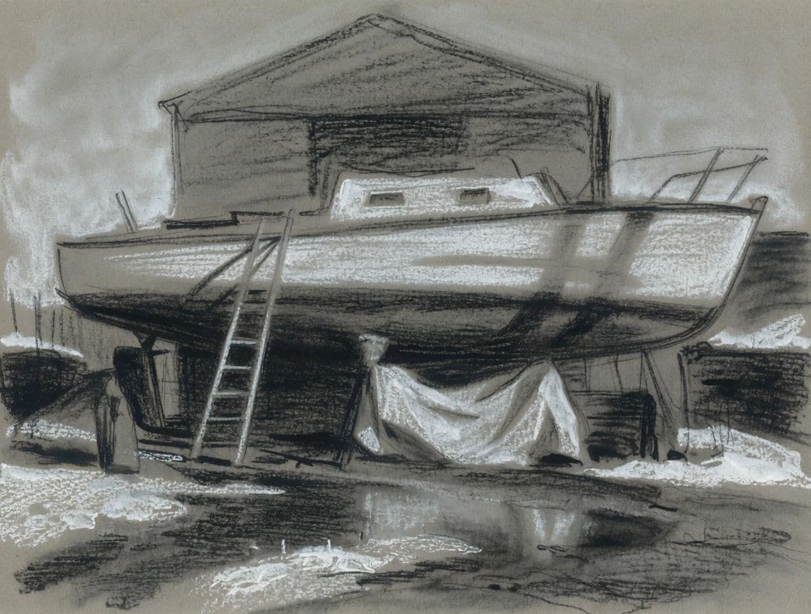 Charcoal and white chalk drawing of a boatyard on toned paper, generated with Krea