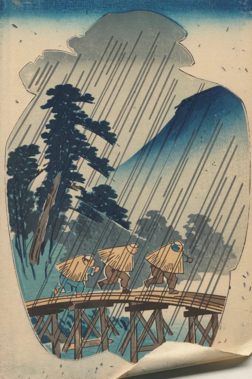 Woodblock print of a rainstorm over a wooden bridge with visible key block outline, generated with Krea