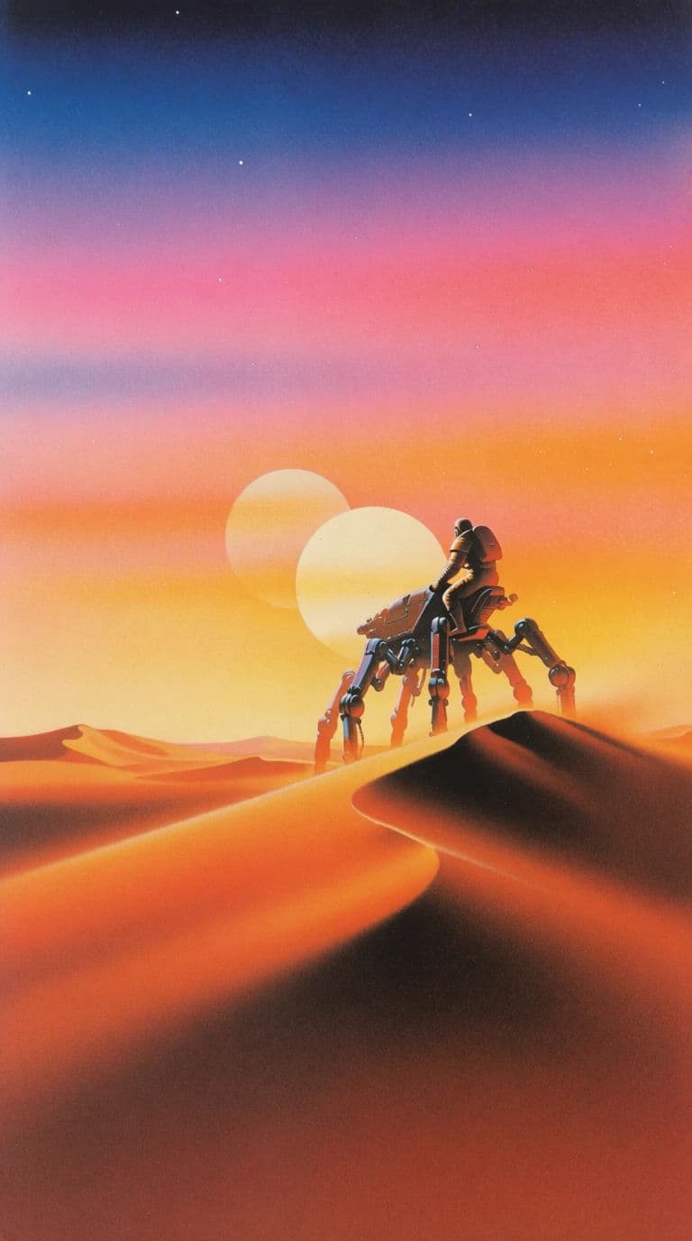 Airbrushed science fiction paperback cover of a desert rider, generated with Krea