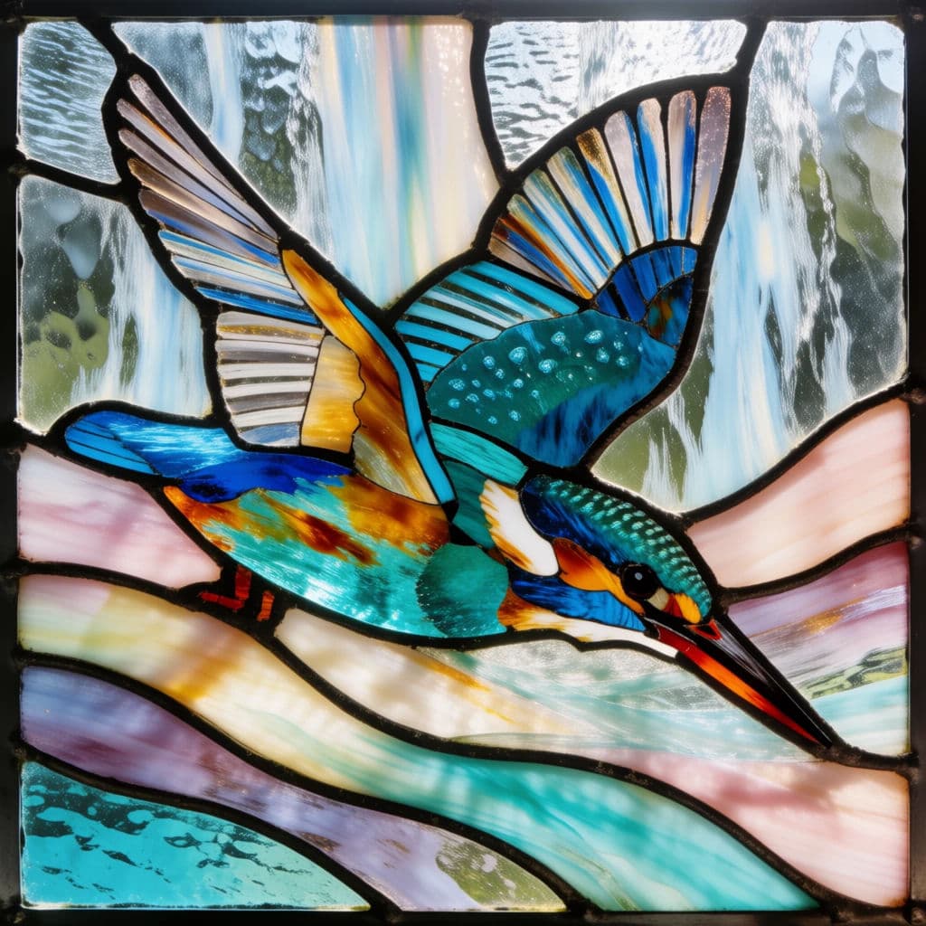 Stained glass panel of a kingfisher over water with visible lead came, generated with Krea